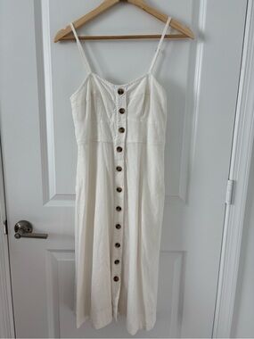 Button Front Smocked Back Off-White Linen Blend Midi Dress Size S